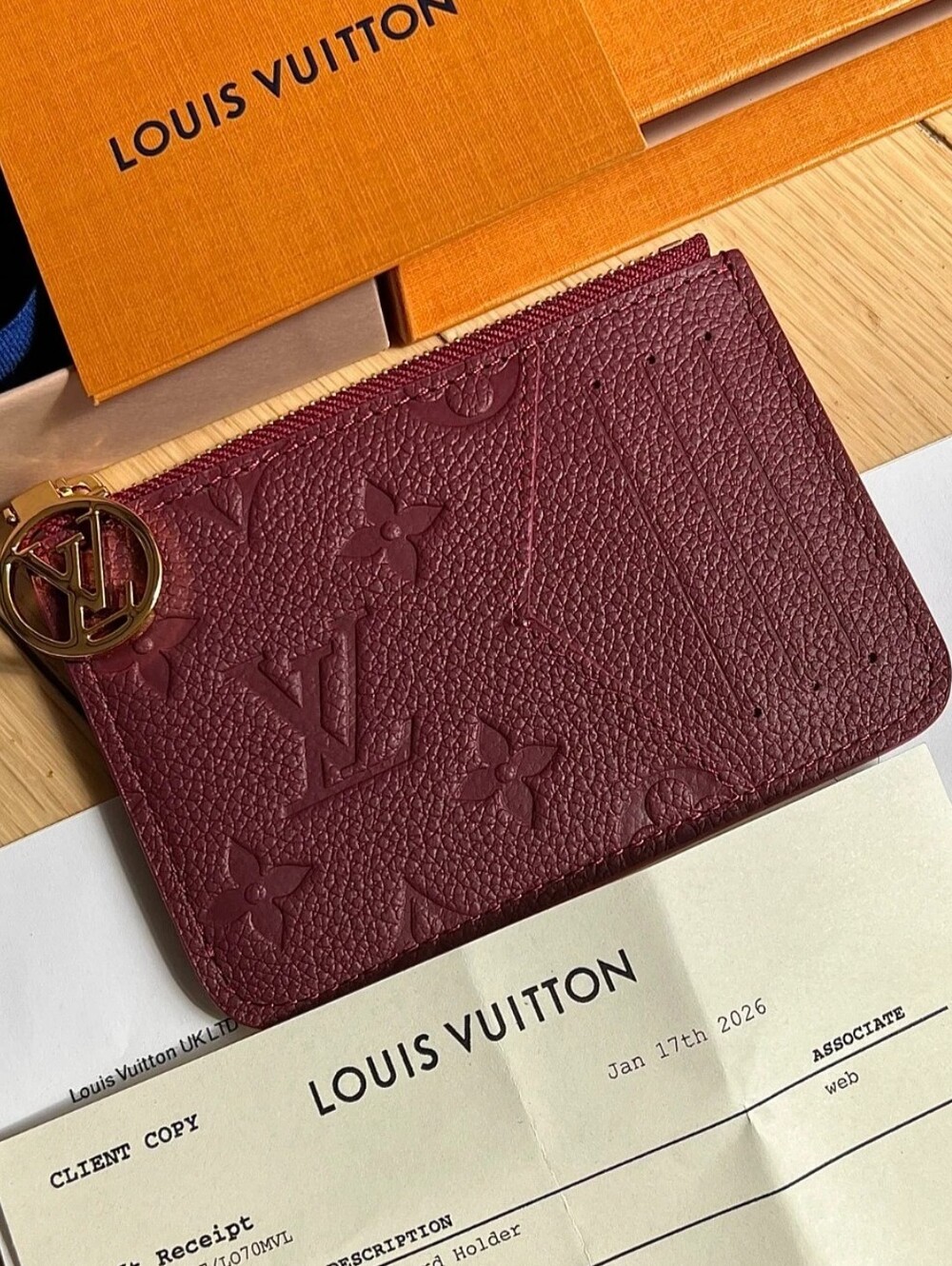 Louis Vuitton Burgundy Embossed Monogram Card Pouch with Gold Charm